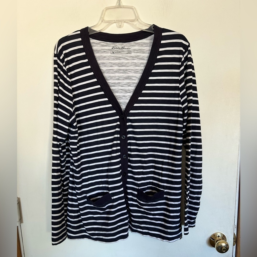 Eddie Bauer, large 100% cotton, navy blue and white striped. Nautical cardigan